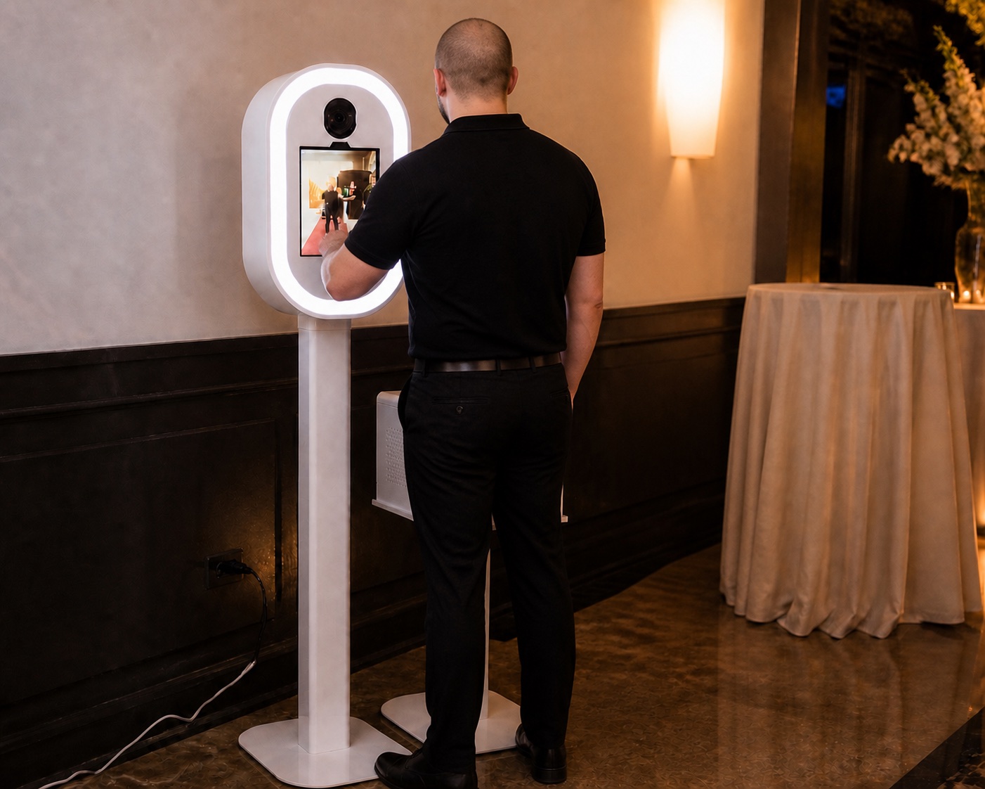 Opérateur ANCRAGE vérifiant le photobooth avant l’arrivée des invités