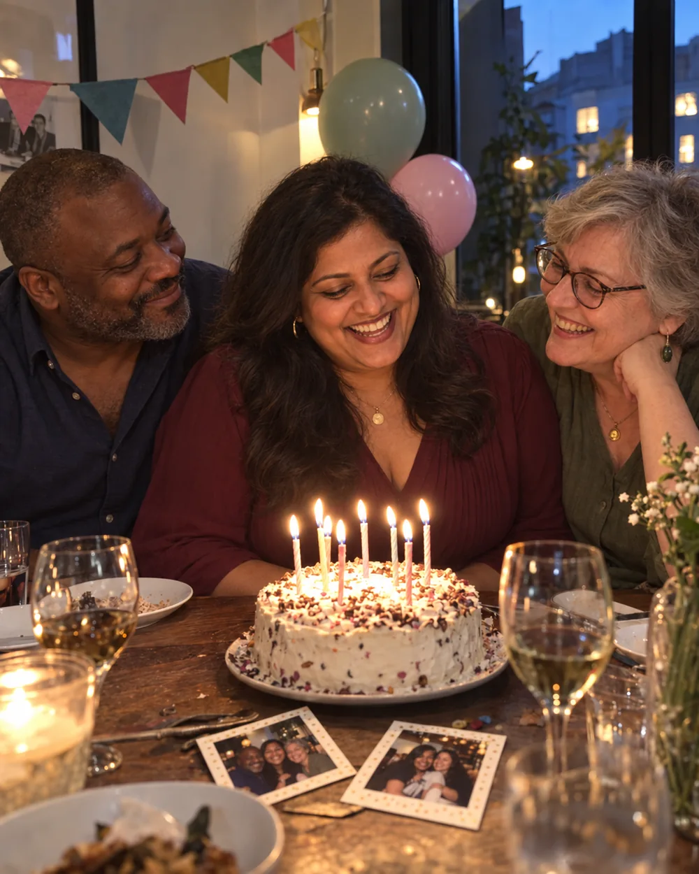 Trois adultes réunis autour d’un gâteau d’anniversaire aux bougies allumées