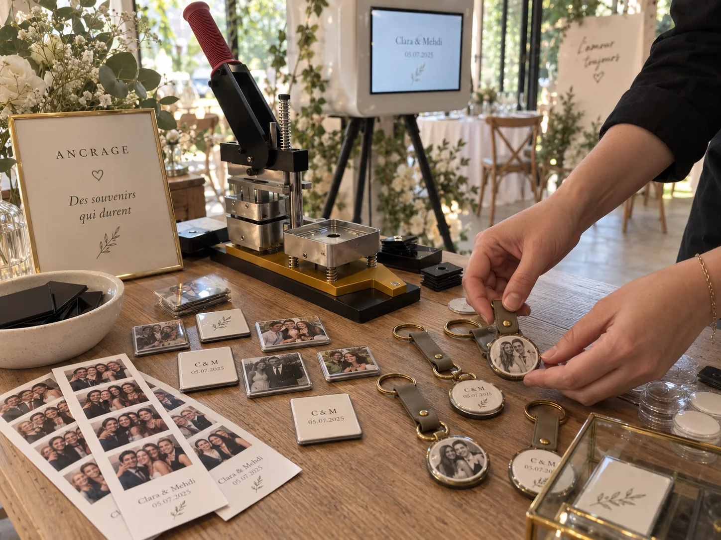 Fabrication d’un porte-clés photo rond à côté de la presse à magnets de l’Atelier Souvenir