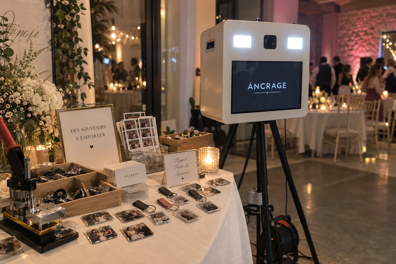 Vue d’ensemble de l’Atelier Souvenir, avec photobooth, presse et objets photo présentés sur une table