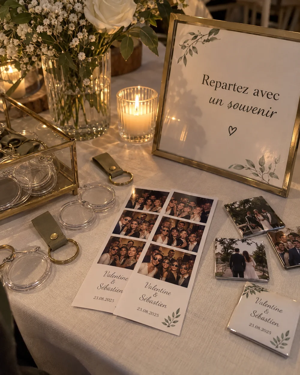Bandelettes photo, magnets carrés et porte-clés ronds disposés sur une table de réception