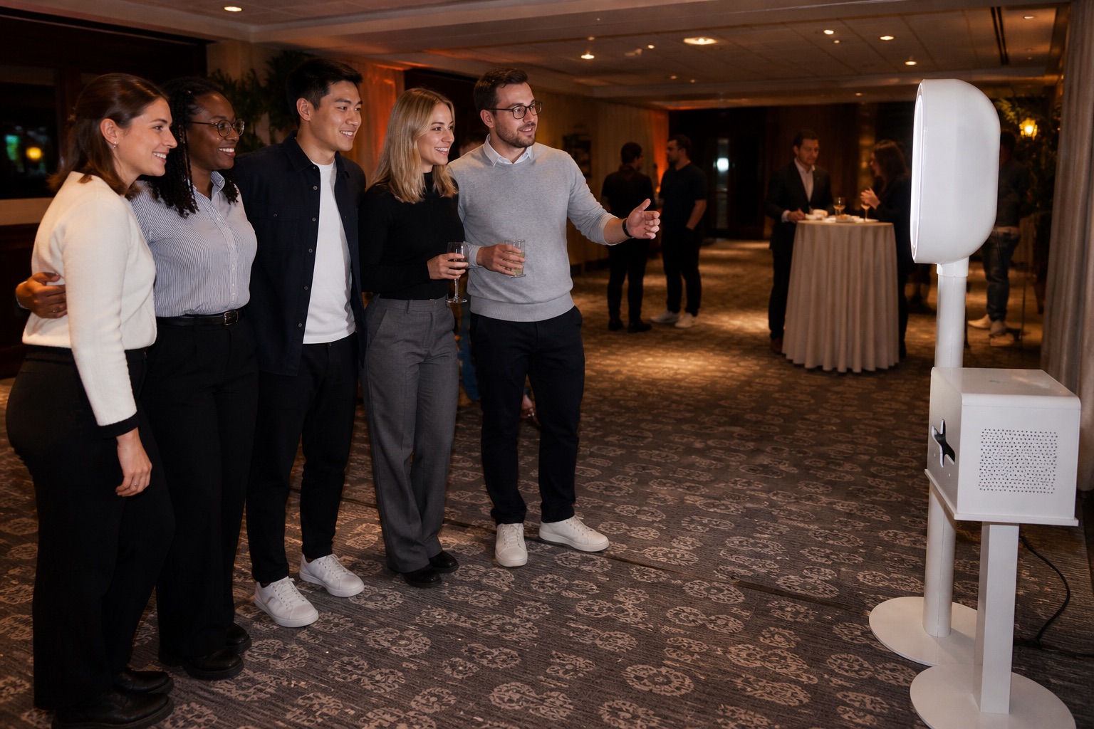 Collègues réunis devant le photobooth lors d’une soirée d’entreprise