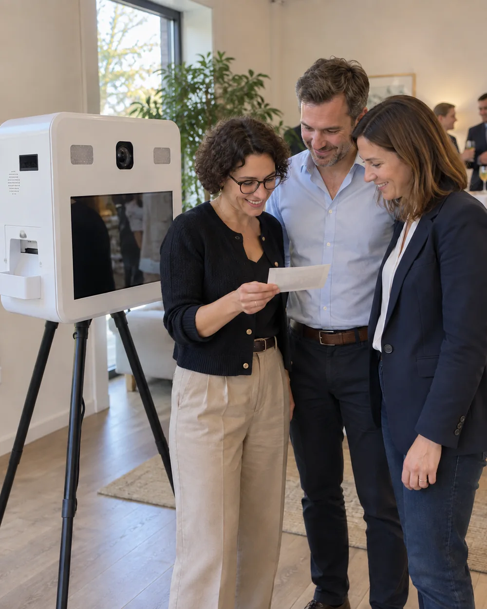 Trois collègues regardent leur tirage photo près du photobooth