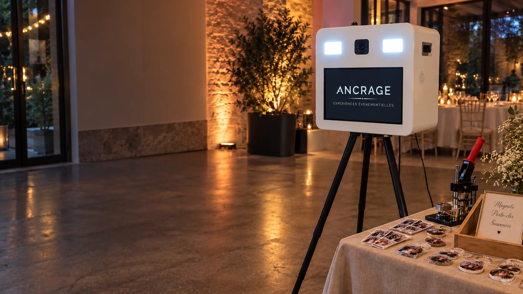Photobooth ANCRAGE et table de l’Atelier Souvenir dans une réception éclairée aux bougies