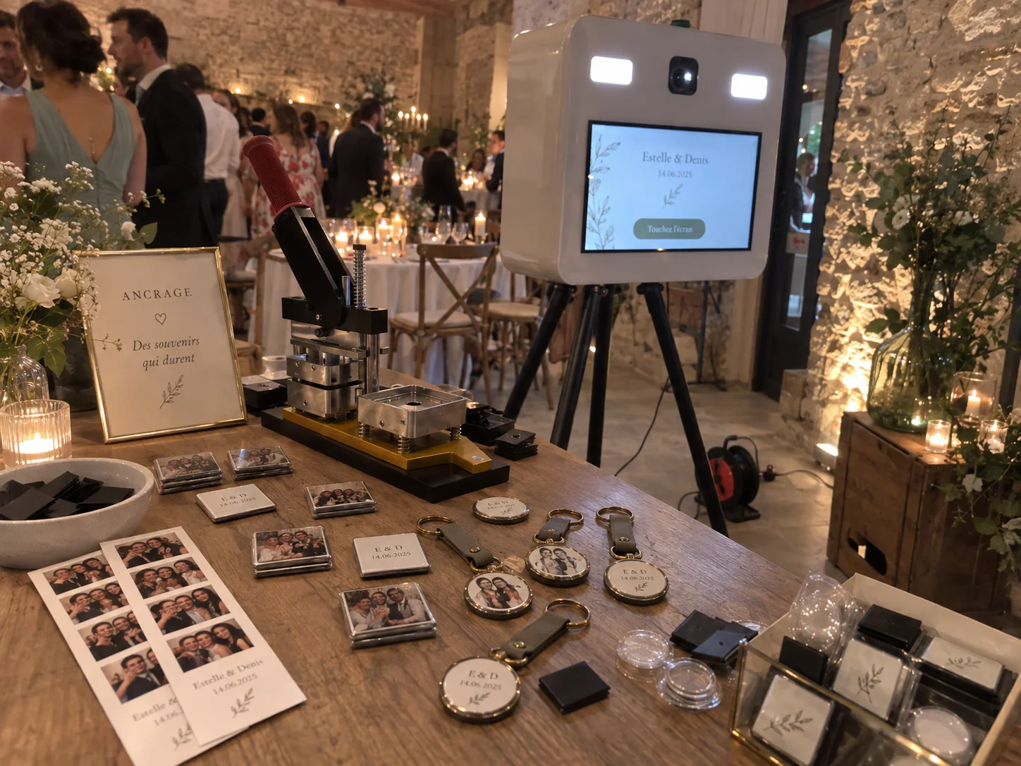 Photobooth et table de magnets et porte-clés disposés dans une réception aux murs de pierre