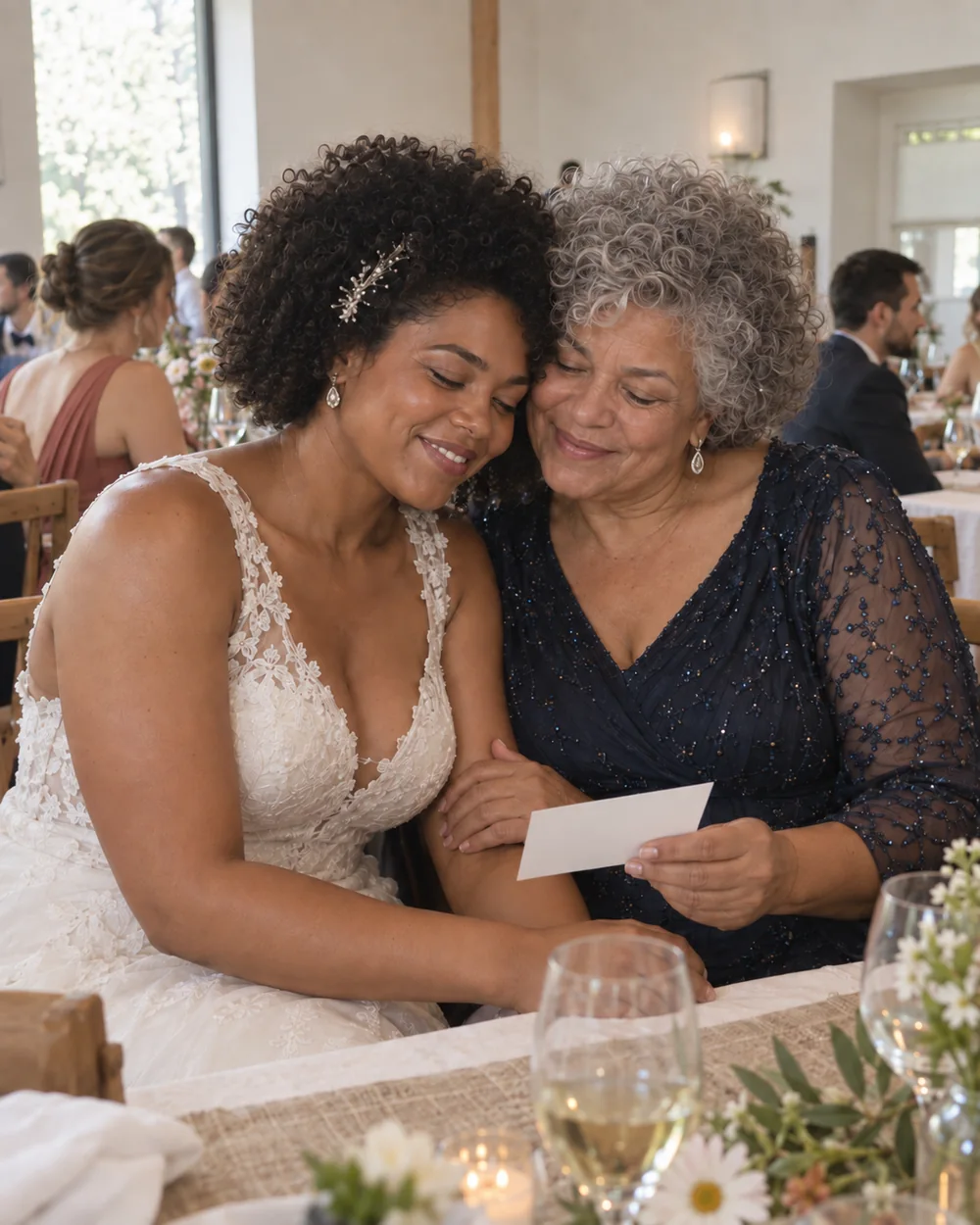 Une mariée et une proche regardent leur tirage photo, l’une contre l’autre