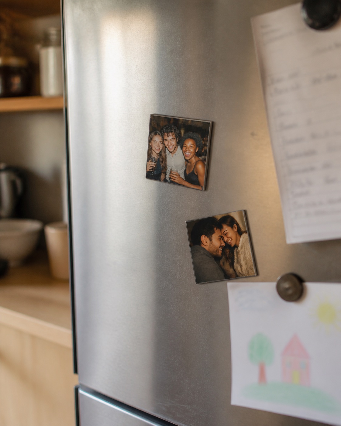 Deux magnets photo carrés disposés sur un réfrigérateur