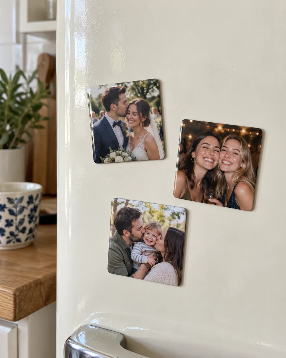 Magnets photo personnalisés disposés sur un réfrigérateur