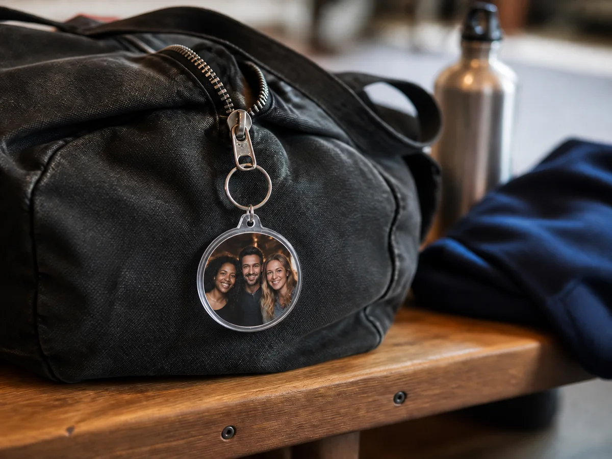 Porte-clés photo rond transparent accroché à la fermeture d’un sac
