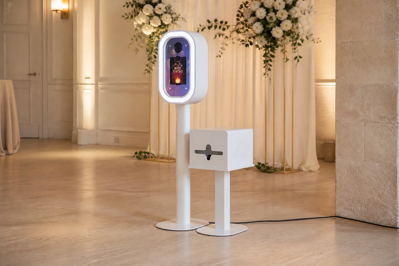 Photobooth blanc ANCRAGE installé dans une salle de réception lumineuse