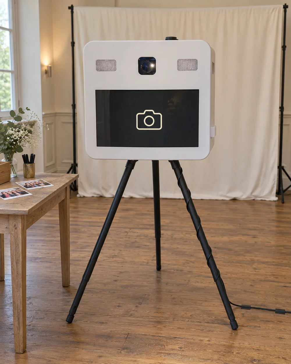 Borne photo ANCRAGE blanche sur trépied, installée avec son fond photo