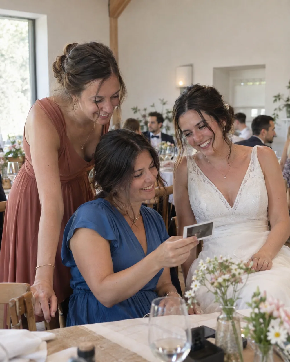 Une mariée et deux proches sourient en découvrant leur tirage photo