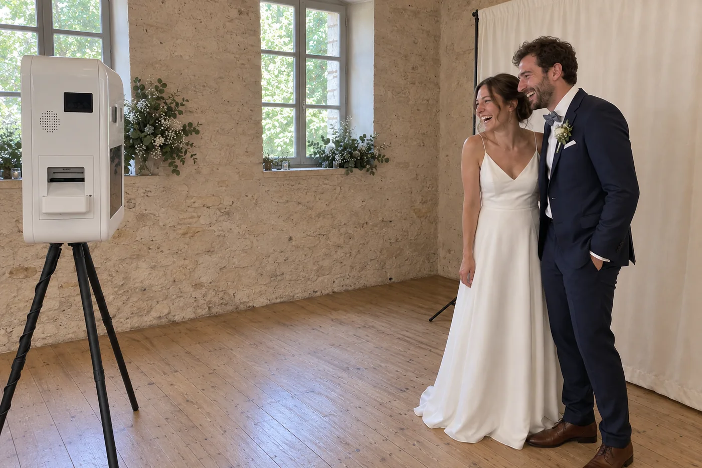 Un couple de mariés sourit face au photobooth, installé à bonne distance